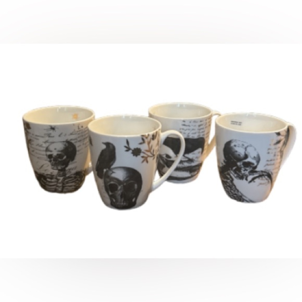 Lenox Monochrome Skull and Raven Mugs. Set of 4